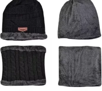 Woolen Beanie / Skull Cap & Neck Warmer Combo – Winter Wear Set for Men & Women (Black)