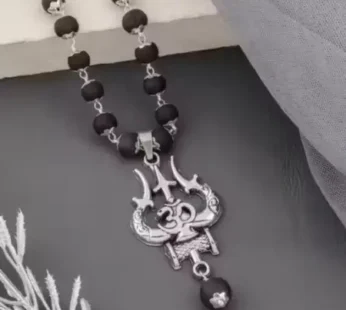 Authentic Karungali Bead Mala with Trishul Om Pendant – Silver-Plated Alloy Spiritual Necklace for Men & Women