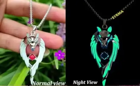 Glow in the Dark Wolf Pendant/Locket Necklace for Men & Women – Silver-Plated Stainless Steel, Long Chain ( default, Standard ).
